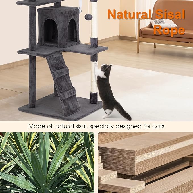 Cat Tree 69.3 inches Cat Tower for Indoor Cats Cat House with Replaceable and Removable Dangling Ball Cat Trees and Towers with Funny Toys, Light Gray