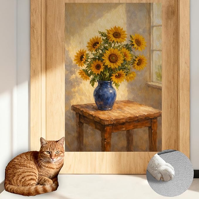 Nuxovilar Cat Wall Scratcher 15.3x23.6 Inches Polyester Synthetic Fiber, Sunflower in Blue Vase Print, wall scratchers for Indoor Cats, cat Scratching mat, Home Decor, Kitchen, Dining Area (2pcs)