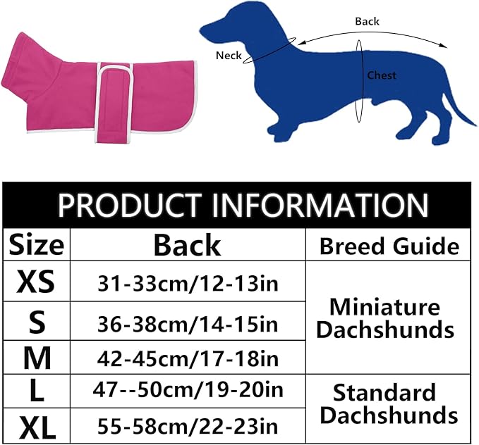 Geyecete Dachshund Winter Coat, Pink, X-Small, Waterproof, Padded Fleece Lining, Reflective Piping, Adjustable Bands, Dog Jacket