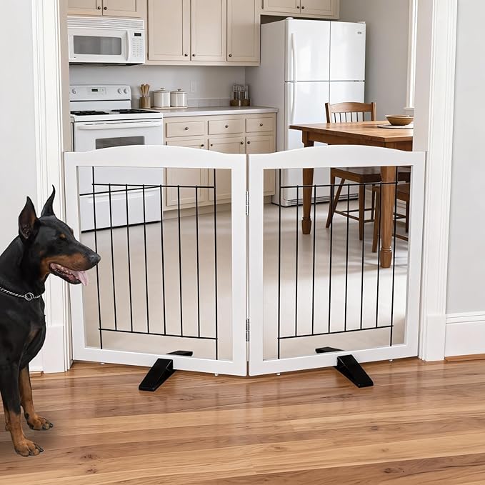 Dog Fence Indoor - 2-Panel Freestanding Dog Gate for Doorways, Hallways, House or Stairs -40x24-Inch Retractable Foldable Expandable Wood Pet by SFJC (White)