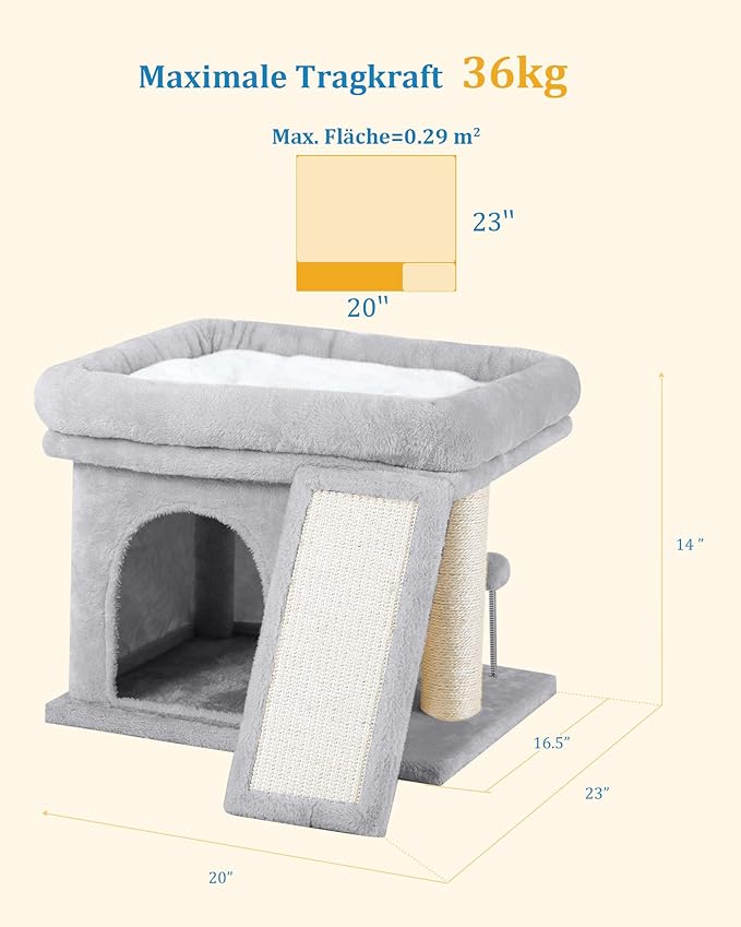 Cat Tree Tower for Large Cat, Cat Bed House with Large Perch for Adult Cats, 20 * 16.5 Inch Big Platform for Indoor with Super Cozy Mat, Large Condo with Scratching Post, Light Gray
