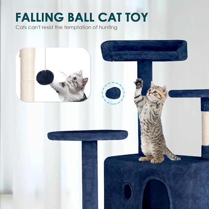Cat Tree 53 inches Cat Tower for Indoor Cats Cat House with Replaceable and Removable Dangling Ball Cat Trees and Towers with Funny Toys, Navy Blue