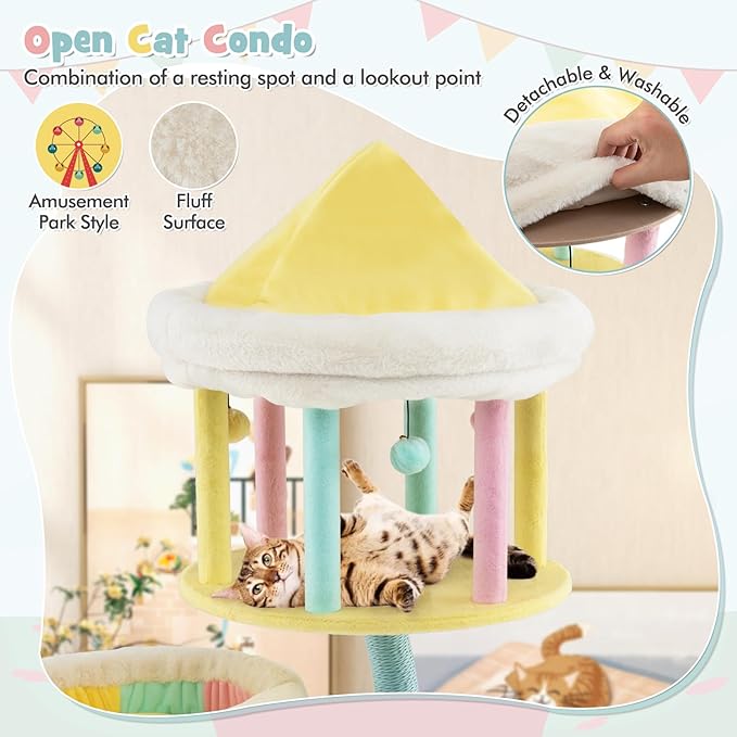 PETSITE 57.5 inch Tall Cute Cat Tree Tower, Cat Tower with Paper Rope Scratching Posts, Top Open-plan Condo, 2 Side Removable Perches, and Dangling Balls, Amusement Park Style Cat Tree for Indoor Cats