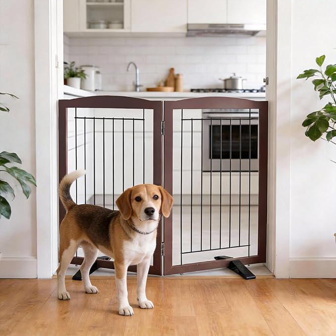 Dog Fence Indoor,Dog Gate Indoor for Doorway pet gate -2-Panel Freestanding, Hallways, House or Stairs -40x32-Inch Retractable Foldable Expandable Wood Pet by SFJC (Brown) ﻿