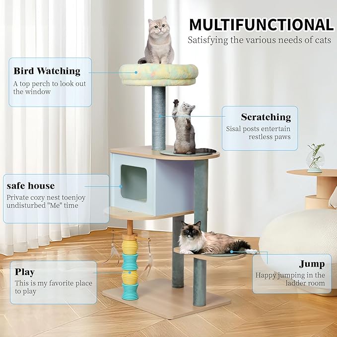 49.2" Cat Tree Tower for Large Cats - 5-Level Solid Wood Cat Condo with Sisal Scratching Posts, Plush Perch & Feather Toys | Multi-Cat Friendly, Sturdy Construction (M+)