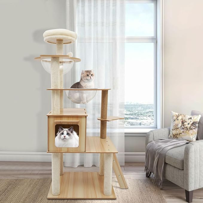Cat Tower Floor Mount Cat Tree 55.1 in Multi-Level Cat Condos with Scratching Post and Comfortable Plush Hammock 5 Tires Cat Tree for Indoor Cats