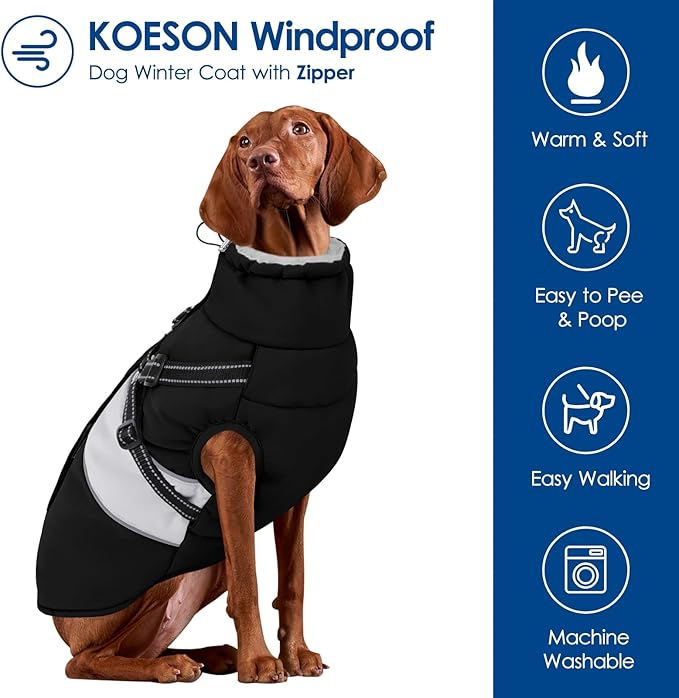 KOESON Dog Coat, Warm Dog Winter Jacket with Harness Built-in for Easy Walk, Fleece Lined Cold Weather Coat for Medium Dogs, Waterproof Puffer Jacket for French Bulldog, Corgi, Beagle, Black M