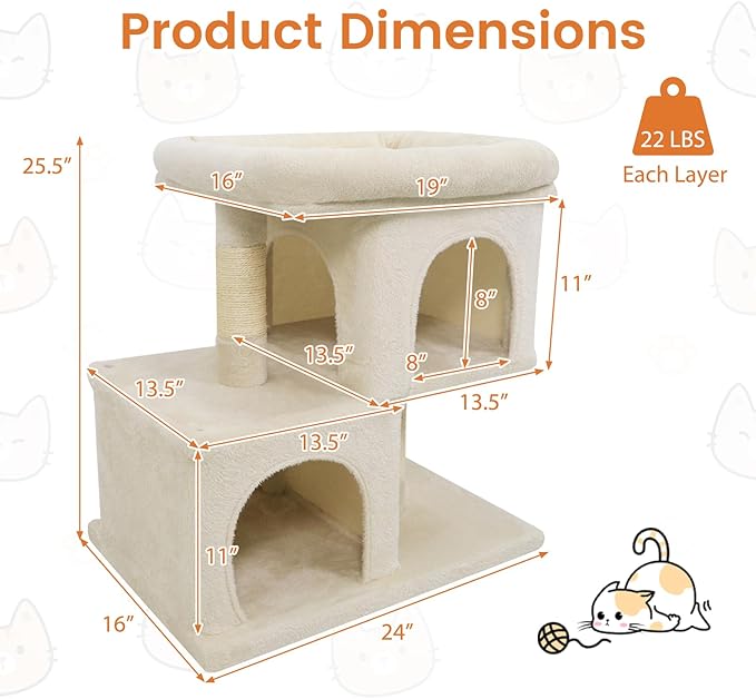 Tangkula Small Cat Tree for Indoor Cats, 25.5 Inch Cat Tower with Sisal Scratching Posts, 2 Large Cat Condos with Padded Top Perch, Modern Cat Climbing Furniture for Adult Cats & Kittens (Beige)