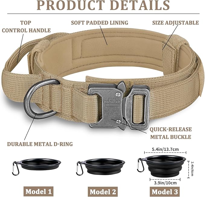 COOYOO Dog Collar,3 Piece Set Tactical Dog Collars, Adjustable Military Training Nylon Dog Collar with Control Handle and Heavy Metal Buckle for Medium and Large Dogs