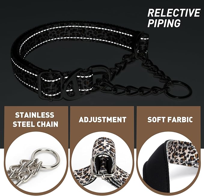 Martingale Collar for Dogs with Chain, Adjustable Soft Durable Choke Collar for Medium Large XL No Pull Training Dog Collars-Brown Leopard L