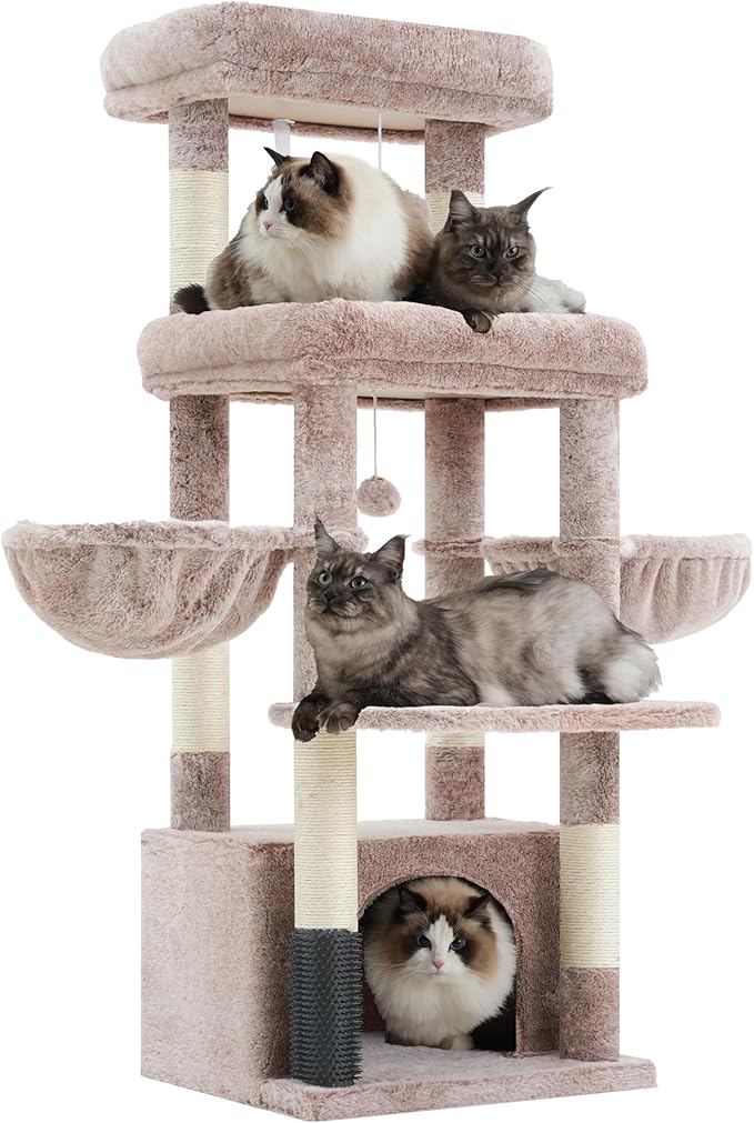 Hey-brother Cat Tree Tower, Scratching Posts with Extra Large Platform, Specious Condo, 2 Cozy Hammocks, Self-Grooming Brush for Indoor Adult Cats, Maine Coon 51.1 inches, Muchroom MPJ070MU