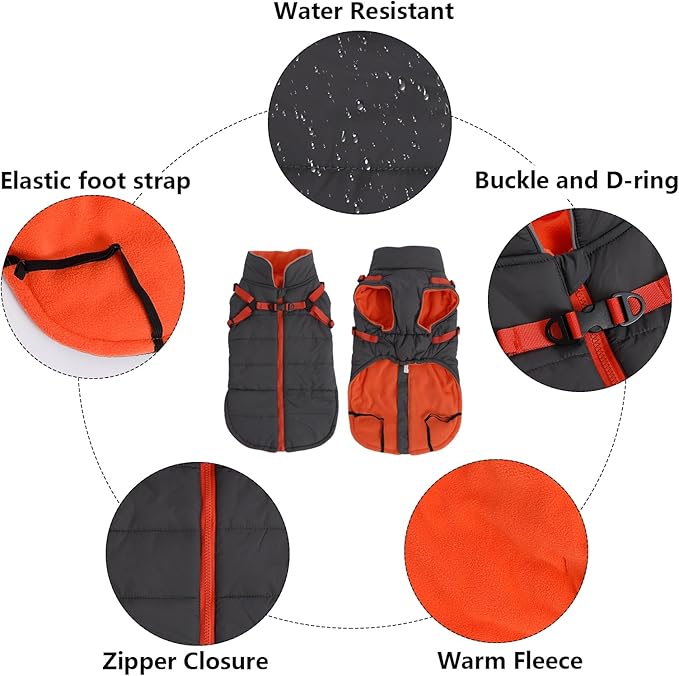 Geyecete Winter Warm Coat Waterproof Dog Winter Jacket with Harness Traction Belt,Windproof Pet Outdoor Jacket Dog Autumn-Gray-S