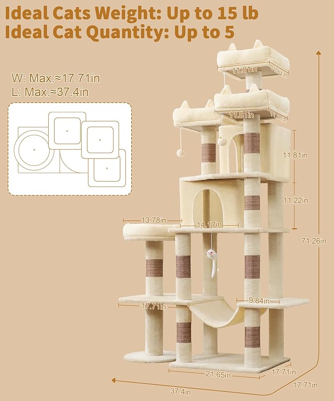 Heavy Duty Cat Tree for Indoor Cat, 71 Inch Large Cat Tower with Scratching Post and Top Perch, Hammock, Big Cat Condo for Adult Cats Kittens, PMT03BW, Beige