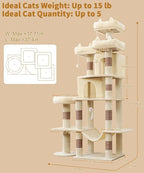 Heavy Duty Cat Tree for Indoor Cat, 71 Inch Large Cat Tower with Scratching Post and Top Perch, Hammock, Big Cat Condo for Adult Cats Kittens, PMT03BW, Beige