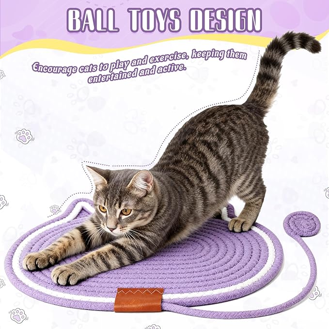 Cat Scratcher Mat Natural Cotton Rope Oval Horizontal Floor Cat Scratch Bed Pad with Ball Toy Protector for Furniture Floor Wall (White, 1 PC)