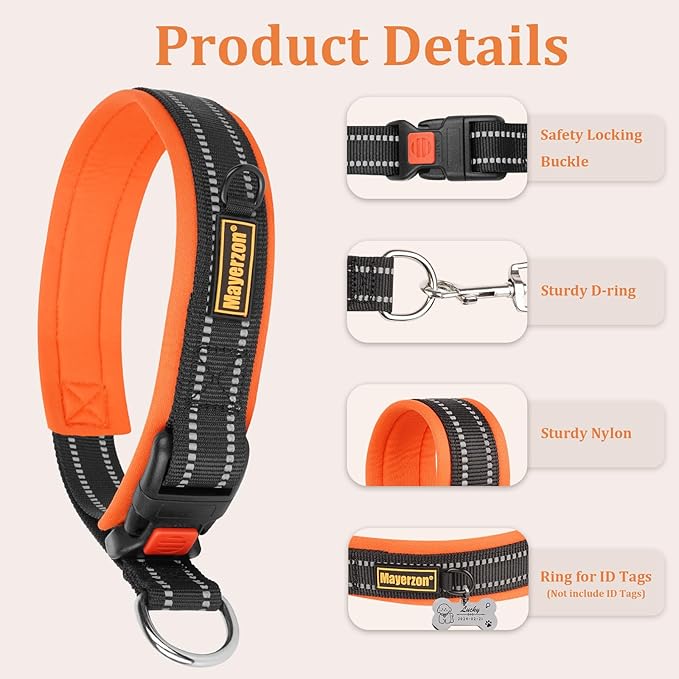 Mayerzon 1.5" Wide Martingale Collar for Large Medium Small Dogs Pitbull German Shepherd, No Pull Reflective Slip Martingale Dog Collar with Buckle Soft Padded for Walking Training(Orange, XL)