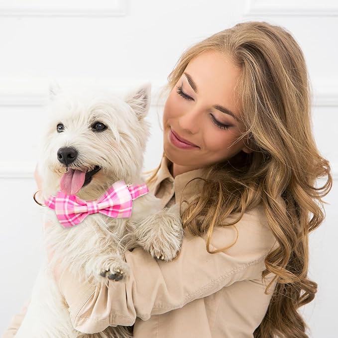 Tunkoo Dog Collar Super Cute Pink Plaid with Bow Tie - Durable Adjustable and Stylish Cotton Pet Collar for Girls Small Medium Large, L