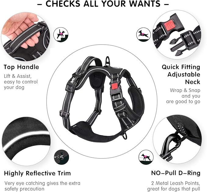 PoyPet Dog Harness No Pull, Reflective Vest Harness with Front & Back 2 Clips and Easy Control Handle for Small Medium Large Breed Dog (Large, Black)