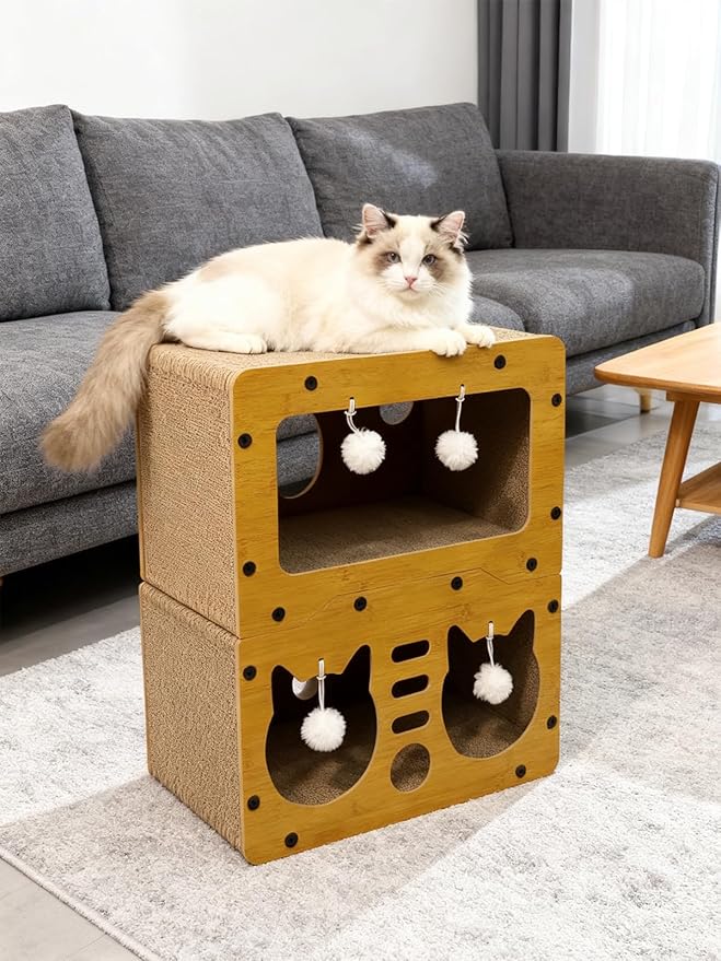 Cardboard Cat House, 2-Tier Large Cardboard Cat Scratcher House with Toys for Indoor Small Cats