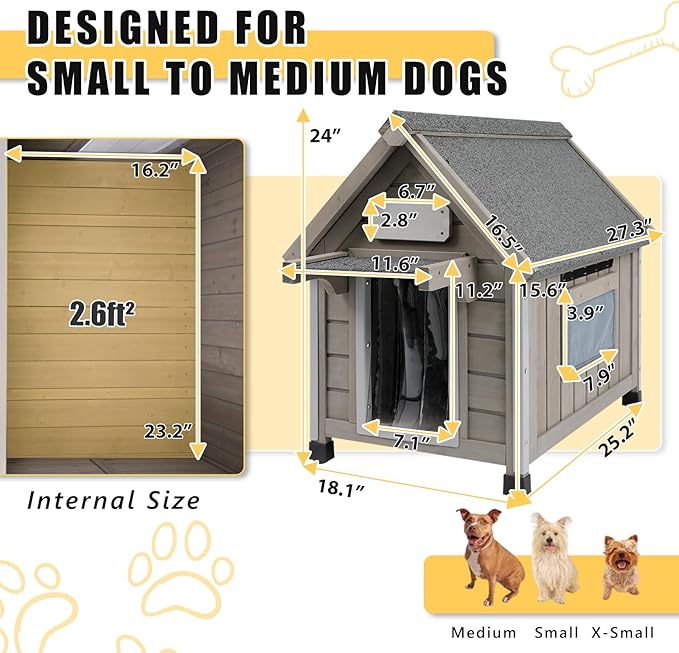 Small Dog House Outdoor, Wooden Indoor Dog House with Waterproof Roof, Removable Floor, Pet Doghouse Puppy Shelter for Small Medium Dogs, 18" L x 25" W x 24" H
