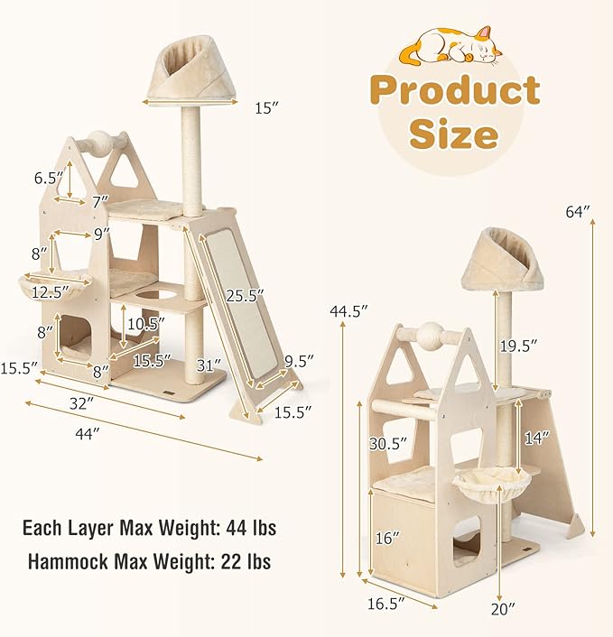 PETSITE 64" Tall Cat Tree Tower for Indoor Cats, Modern Cat Activity Center with Top Perch, Condos, Basket Bed, Sisal Posts, Scratching Board & Ball, Beige