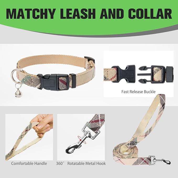 EXPAWLORER Plaid Small Dog Harness and Leash Set with AirTag Holder - Soft Padded Step in Dog Vest Harness Medium Sized Dog, No Pull Reflective Puppy Harness, Collar and Leash for Walking, Khaki L