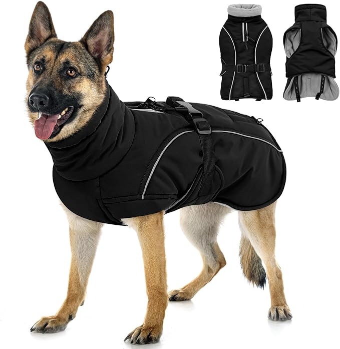 Queenmore Winter Dog Coat Warm Dog Jacket Vest Waterproof Puffer Fleece Snowsuit Adjustable Buckle Leash Hole Reflective Cold Weather Parka for Small Medium Large Dogs Girl Boy Black XXL