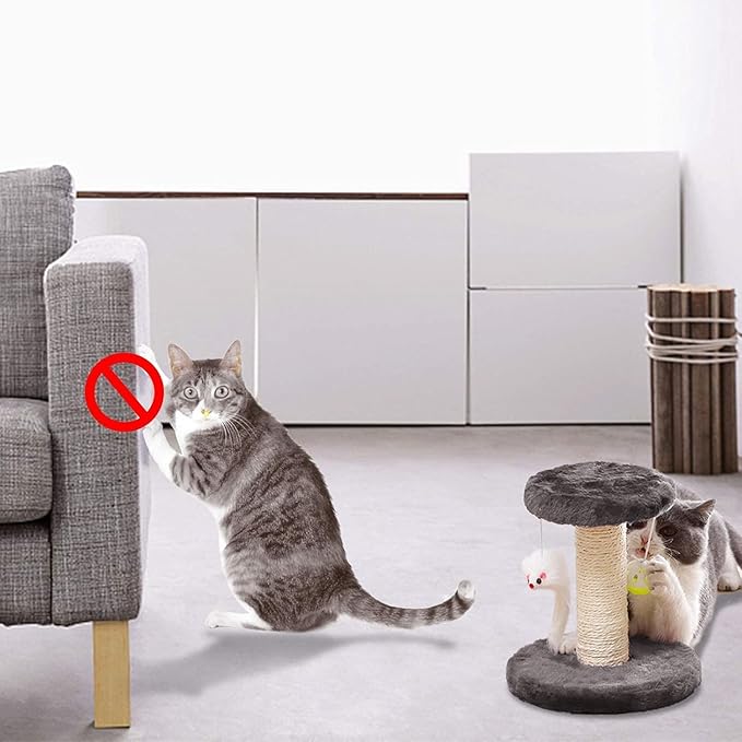 Small Cat Scratching Post and Small Cat Tree Natural Sisal Tower with Round Perch and Plush Ball Furniture Made for Small Cat, Kitten Relax Tree -Grey