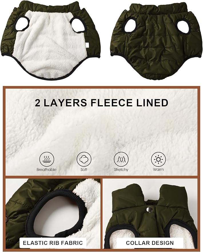 AURUZA Dog Winter Coat, Warm Waterproof Dogs Jacket Small Pet Vest for Medium Dogs Windproof Pet Fleece Vest Snow Jacket for Cold Weather(Army Green,XS)