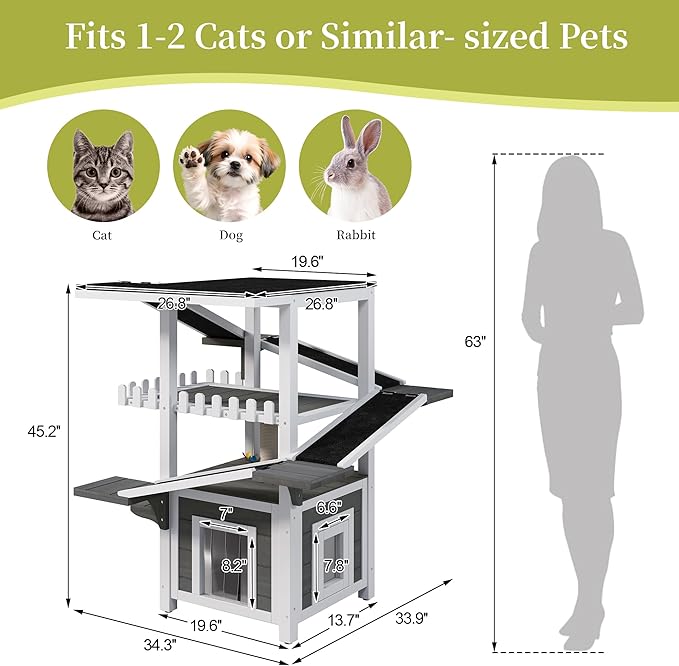 Merax 4 Tiers Outdoor Cat House, Weatherproof Cat Tree Tower with Waterproof Roof and 2 Doors, Feral Cat Shelter Outside Enclosure, Multi-Level Play Zones with Balcony for Small Animals