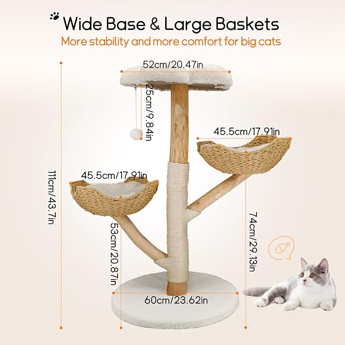 Bingopaw Modern Cat Tree Tower: 44Inch Large Cats Tree with Rattan Basket and Sturdy Base - Wooden Cat Tree with Scratching Post and Flower Shape Platform