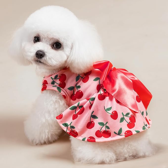PUPTECK Print Dog Dress Pet Apparel with Cute Bowtie Puppy Clothes Outfit, Cherry, S