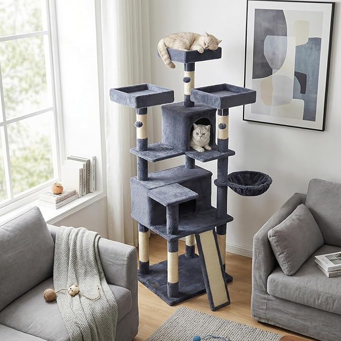 Tangkula 65 Inch Tall Cat Tree, Multi-Level Cat Tower with Sisal Scratching Posts & Board, 2 Condos, 3 Plush Top Perches, Adjustable Basket, 3 Hanging Balls for Indoor Cats (Dark Gray)