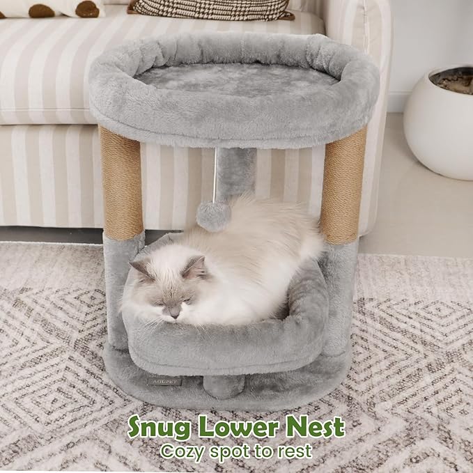 Cat Tree for Indoor Cats, 2-Tier Cat Tower with Padded Donut Beds, Stable Structure, Sisal Scratching Posts & Hanging Ball Toy, Modern Cat Furniture (Light Grey)