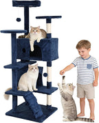 BLKMTY Cat Tree 54" Tall Cats Tower Large Cat Condo Climber Cats Climbing Stand with Top Perches Playhouse and Climbing Ladder Kitty Activity Tree w/Scratching Post Toys, Navy Blue