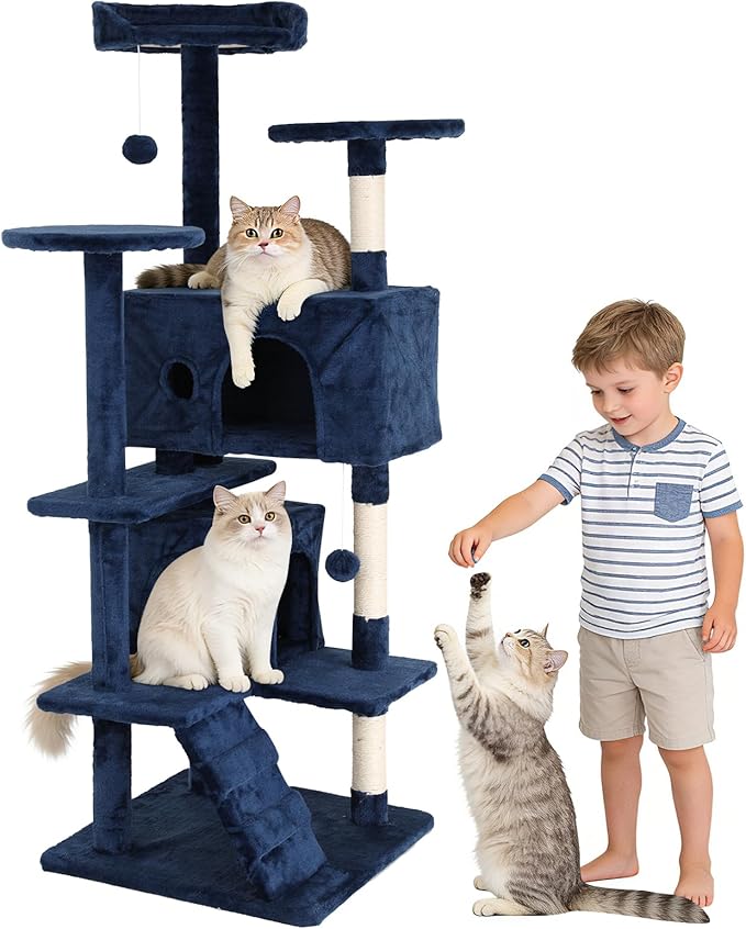 BLKMTY Cat Tree 54" Tall Cats Tower Large Cat Condo Climber Cats Climbing Stand with Top Perches Playhouse and Climbing Ladder Kitty Activity Tree w/Scratching Post Toys, Navy Blue
