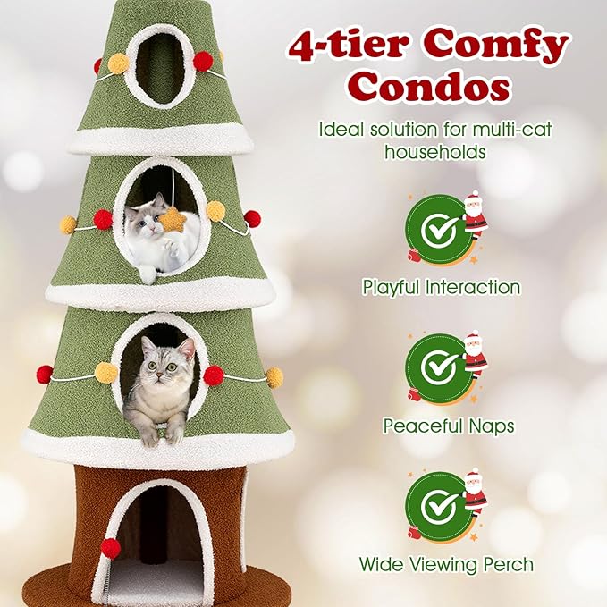 PETSITE 61 Inches Cat Christmas Tree, Cute Christmas Cat Tower with 4 Condos, Colorful Ornaments, Sisal Board, Dangling Ball, Spring Toy, and Star-Shaped Spring-Type Top, Ideal for Indoor Cats