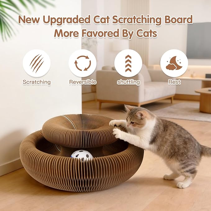 Extensible Cat Scratcher Cardboard Toy | Magic Accordion Scratching Pad with Bell Ball - Foldable & Reversible Interactive Kitty Play for Indoor Cats (1 Pack)