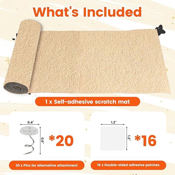 78.7"x15.8" Self-Adhesive cat Scratch pad - Trimmable Furniture Protector for Couch, Walls & Cat Trees | DIY Climbing Scratcher Pad with Twist Pins & Double-Sided Adhesives (Beige)