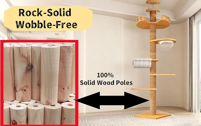 Sturdy Floor-to-Ceiling Cat Tree | Solid Real Wood 55-122'' Height Adjustable Drill-Free Tower | Ideal for Multi-Cat Households & Large Breeds with Extra-Thick 4.3" Solid Wooden Posts