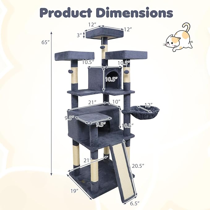 Tangkula 65 Inch Tall Cat Tree, Multi-Level Cat Tower with Sisal Scratching Posts & Board, 2 Condos, 3 Plush Top Perches, Adjustable Basket, 3 Hanging Balls for Indoor Cats (Dark Gray)