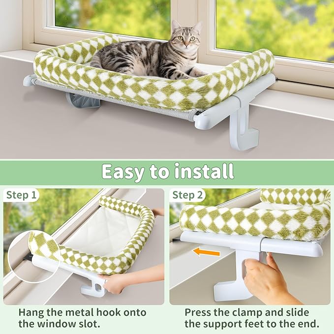 Sunhoo Cat Window Perch Hammock Sturdy Windowsill Bed Seat for Large Cats No Drilling No Suction Adjustable Kitty Shelf with Washable Cover Easy Assembly Holds up to 40 lbs 24.8 * 15 in (Green, L)