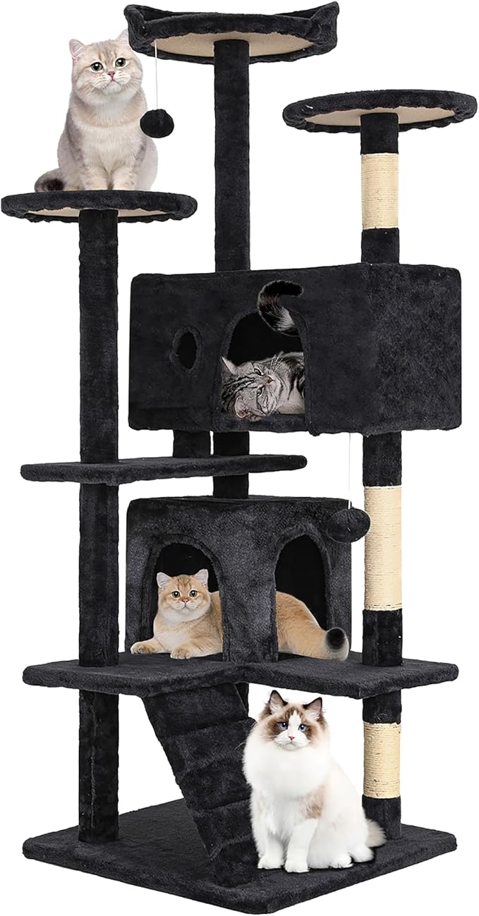 24/7 Shop at Home Court 54 inch Multi-Level Cute Cat Tree Tower with Dangling Ball and Scratching Posts for Indoor Cats Adults, Kitten Supplies, Pet House, Dark Gray