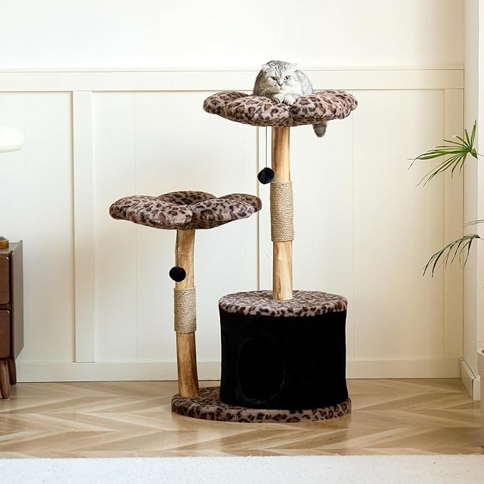 Modern Floral Cat Tree Tower with Real Wood Branch| Multi-Level Cat Tower with Scratching Posts | Cute Aesthetic cat Tree with Luxury cat condo for Indoor Cats (Leopard Flora)