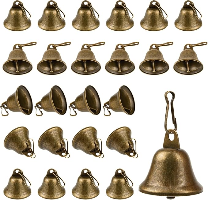 Craft Bells 24 Pcs Small Brass Bells for Crafts, Vintage Bronze Hanging Jingle Bells with Spring Hooks for Wind Chimes, Dog Training Doorbell, Mission Project, Wedding, Christmas, Easter & Home Decor