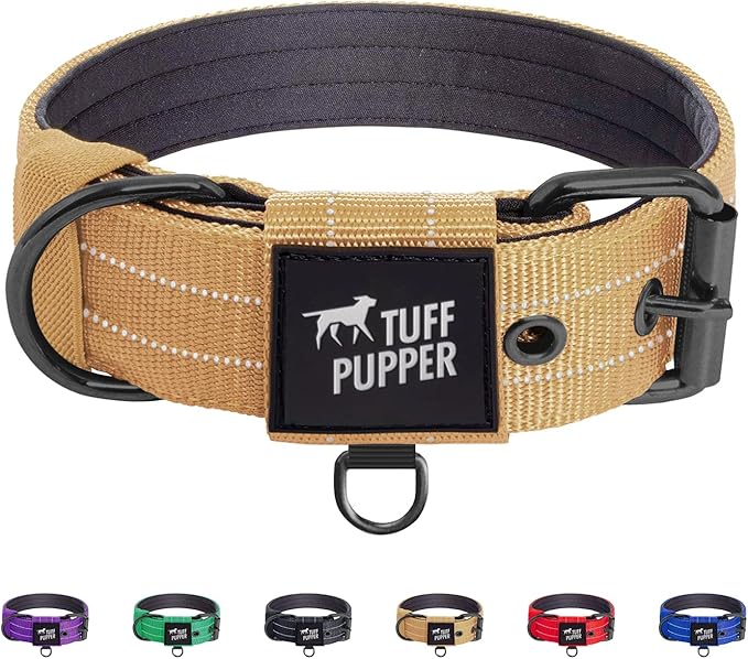Tuff Pupper Heavy Duty Tactical Dog Collar | 1.5" Wide Ballistic Nylon | Reflective Stitching | Integrated ID Tag Holder | Stainless Steel Buckle | Padded Lining | Medium & Large Dogs (Tan, Large)