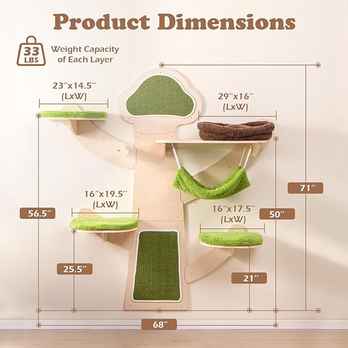 PETSITE 71 Inch Cat Wall Shelves, Tree-Like Wall Mounted Cat Tree Climber Furniture with Sisal Scratching Post and Mats, Perches, Hammock, Bed, Removable & Washable Padded Cushions