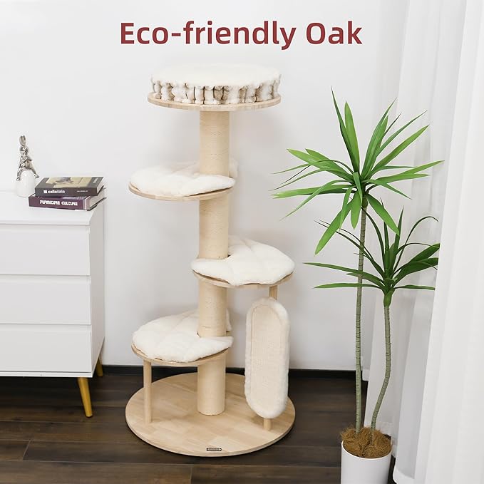 KAMABOKO Tall Modern Cat Tree, 53'' Cat Tower, Cat Tree for Indoor Cats Large Adult, Multi-Level Cat Scratching Post with 3 Imitation Rabbit Plush Padded Perches, Comfortable Pedal