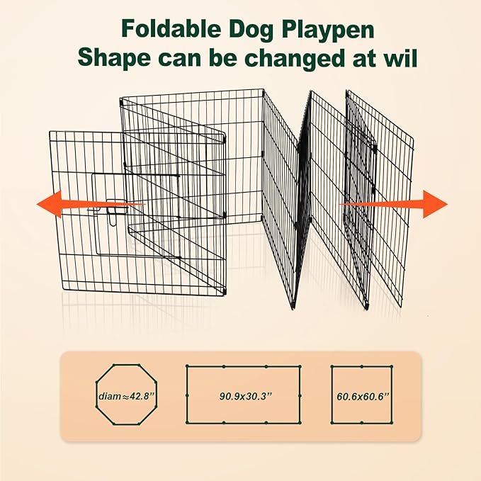 PJYuCien Dog Playpen with Top Cover and Bottom Pad - Metal Foldable Exercise Pen, 8 Panels 42" H x 24" W Indoor Outdoor Pet Fence Puppy Crate Kennel, Black