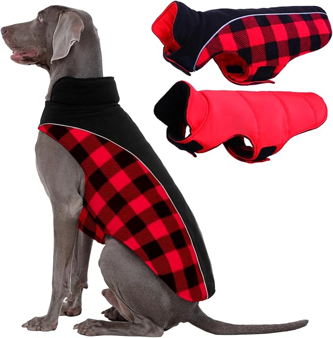Kuoser Dog Winter Coat, Reversible Waterproof Dog Jacket with Leash Hole, Warm Dogs Fleece Vest Adjustable Doggy Cold Weather Clothes Plaid Christmas Outfit Pet Apparel for Extra Large Dogs, Red 3XL